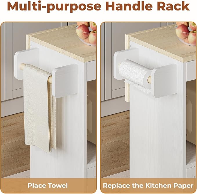 LIKIMIO Kitchen Island with Drop Leaf, Rolling Kitchen Island Cart on Wheels with Storage, Microwave Cart with Pull Out Open Shelves and Drawer, Mobile Kitchen Storage Islands, White