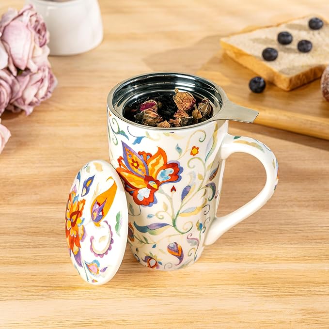 GBhome Tea Mug with Infuser and Lid, 18 Ounce Large Ceramic Loose Leaf Cup, Microwave, Dishwasher Safe, Perfect for Tea Lovers