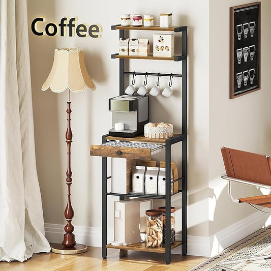 Bakers Rack, 5-Tier Coffee Bar Station, Coffee Stand with Pod Drawer Holder, Versatile Kitchen Storage Rack with 4 Hooks, for Living Room, Cafe Corner, Rustic Brown and Black KF01BRY1
