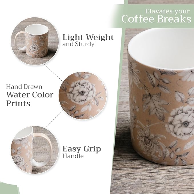 Maison d' Hermine Coffee Mug with Handles Fine Bone China Mugs Pack of One Tea Cups for Hot Beverages Cappuccino Latte Home Restaurant Office Perfect for Gift (Pretty Autumn - Pretty Mono, 15 Ounce)