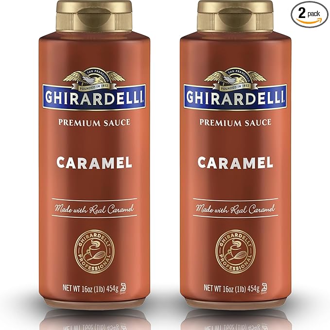Ghirardelli Caramel Flavored Sauce Squeeze Bottles | 16 oz (Pack of 2) | Rich Creamy Caramel Dessert Topping for Coffee Drinks, Ice Cream, and Baking Recipes