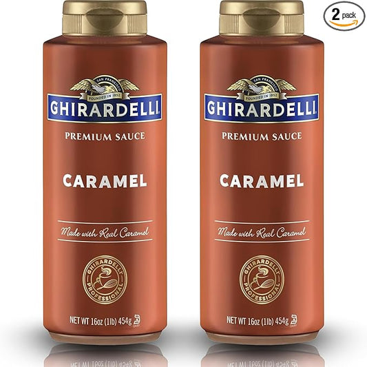 Ghirardelli Caramel Flavored Sauce Squeeze Bottles | 16 oz (Pack of 2) | Rich Creamy Caramel Dessert Topping for Coffee Drinks, Ice Cream, and Baking Recipes