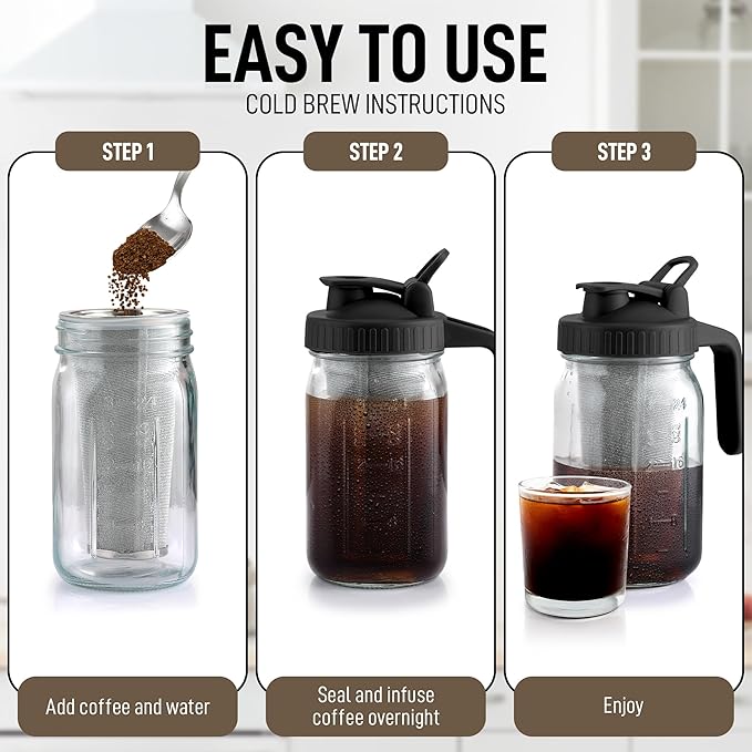 Zulay Premium Cold Brew Coffee Maker - 32oz Mason Jar With Leak-Proof Lid & Extra-Thick Glass - Fine-Mesh Stainless Steel Filter For Smooth Cold Brew & Iced Tea - Black