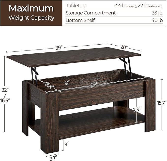 Yaheetech Lift Top Coffee Table with Hidden Compartment and Storage Shelf, Rising Tabletop Dining Table for Living Room Reception Room, 38.6in L, Espresso