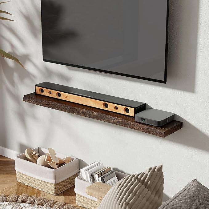 Rustic Elm Wood Floating Shelves 48 Inch, Wall Mounted Live Edge Floating Shelf for Bathroom Living Room Kitchen, Long Wooden Wall Shelves with Heavy-Duty Bracket for Books Decor Storage, Walnut