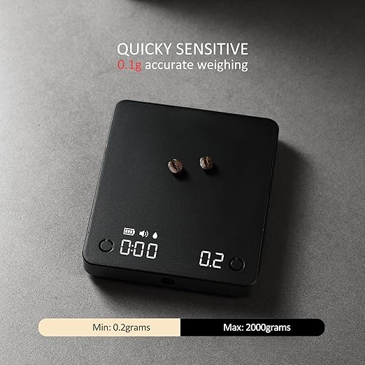 CUFEJORO Portable Coffee Scale,Electronic Digital Espresso Scale with Timer,2kg/0.1g High Precision,USB Type-C Charging,Rechargeable 1800mAh Battery Black