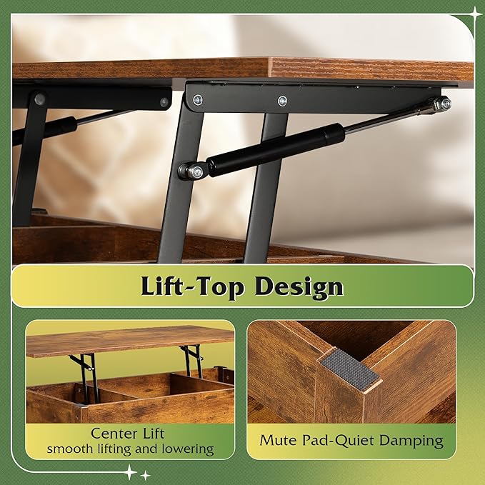 WLIVE Coffee Table, Lift Top Coffee Table with 2 Drawers, LED Light, Large Storage and Open Shelf, Lift Tabletop for Living Room, Black, Rustic Brown