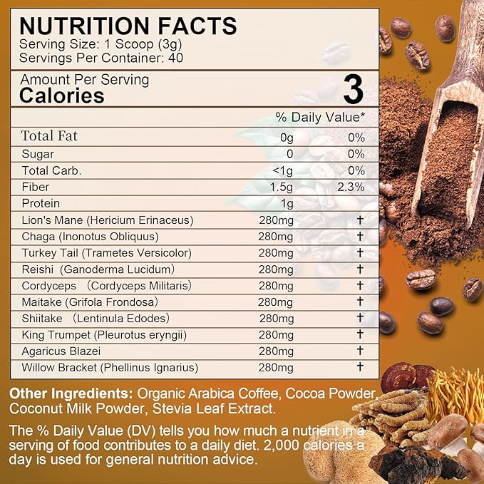 Mushroom Coffee - Lions Mane Mushroom Powder Instant Coffee with Lion's Mane, Reishi, Chaga, Cordyceps, and Turkey Tail - Mushroom Coffe Alternative for Energy, Mental Clarity & Focus, Brain Booster