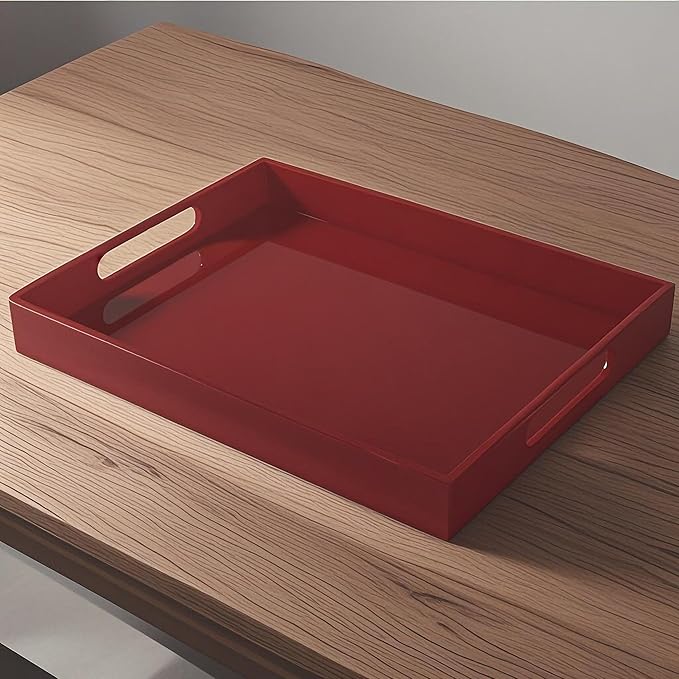 Sturdy 16" Acrylic Serving Tray with Handles - Ottoman Coffee Table Organizer for Food, Tea, Snacks, Vanity & Kitchen Countertop - Multi-Use for Bathroom, Living Room, Bar Parties (red)
