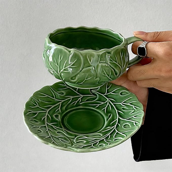 KAMMAK Tea Cups and Saucers Set of 2, Porcelain Coffee Cups, 10-Ounce Stackable Espresso Mugs, Ceramic Demitasse for Coffee, Latte, Americano, Tea, Lucky Green