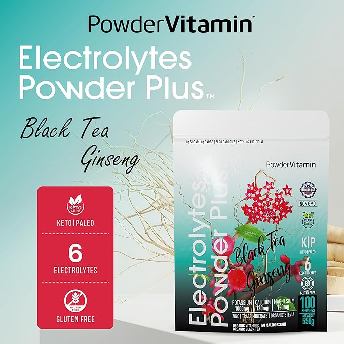 PowderVitamin Electrolytes Powder Plus (100 Servings) Black Tea Ginseng Electrolyte Powder Keto, Sugar Free, Pink Himalayan Salt,1000mg Potassium,150mg Calcium,150mg Magnesium, Hydration Powder