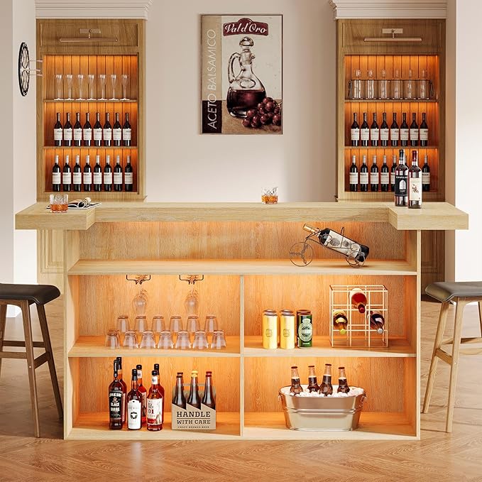 Tribesigns 4-Tier Bar Table, 70.9-Inch Large Wooden Home Bar Unit with Wine Glass Holder and Black Footrest, Pub Table with Storage Shelves for Home, Patio, Basement, Oak