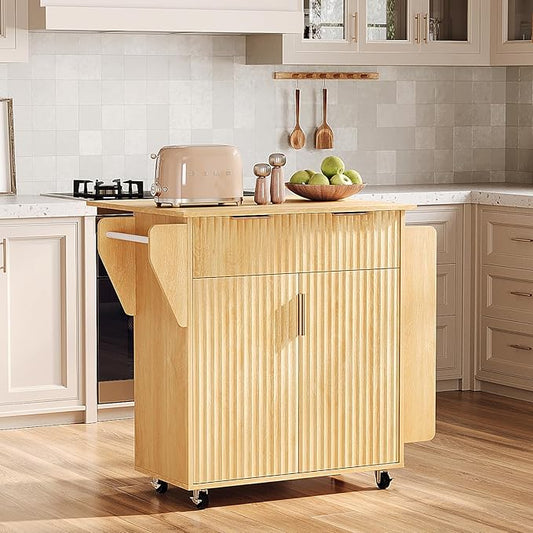 VINGLI Kitchen Island with Storage, Rolling Cart on Wheels with Foldable Drop Leaf, Drawer & Door Cabinet, Portable Kitchen Cart for Meal Prep & Organization, Oak