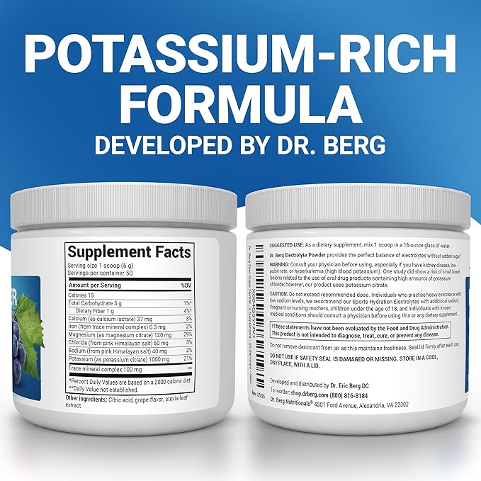Dr. Berg Zero Sugar Hydration Keto Electrolyte Powder - Enhanced w/ 1000 mg of Potassium & Real Pink Himalayan Salt (NOT Table Salt) - Grape Flavor Hydration Drink Mix Supplement - 50 Servings