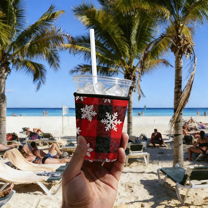 Neoprene Iced Coffee Sleeve 3 Pack, Reusable Insulated Cup Holder with Red Buffalo Plaid Snowflake Pattern, Fits 16–32 oz Tumblers, Compatible with Starbucks & Dunkin