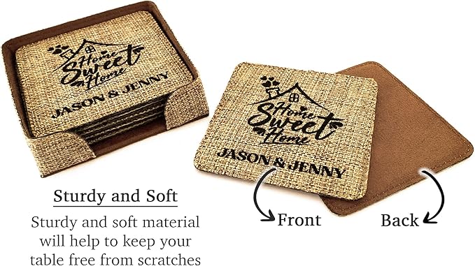 Smile Art Design Family Couple Names Custom Coaster Set of 6 with Base Square Burlap Material Family Name Home Sweet Home Print Personalized Gifts House Warming Wedding Gift Rustic Home Decor Style11