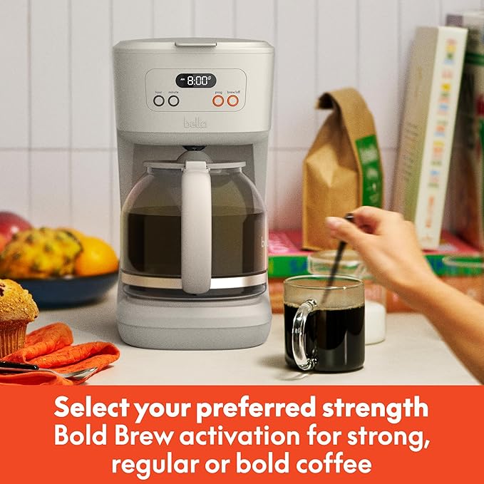 BELLA 12 Cup Programmable Coffee Marker, Reusable Dishwasher Safe Accessories, Easy LCD diaply, Auto Shutoff, 900 watt, Oatmilk