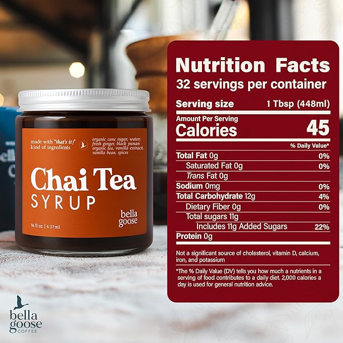 Bella Goose Chai Tea Syrup for Coffee (16oz) - Homemade Chai Tea Latte Syrup with Pure Cane Sugar, Vanilla & Spices - No Artificial Flavors, Oils or Dyes Syrups for Coffee Drinks, 32 Servings