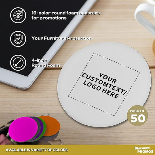 50 Round Foam Bud Coasters Pack, 4 inch - Customizable Text, Logo - PU Foam, Party Favor - White