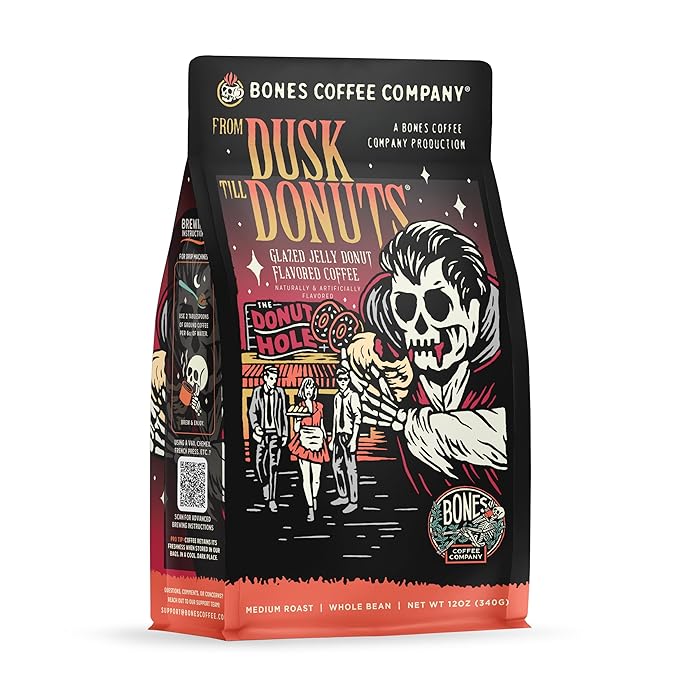 Bones Coffee Company From Dusk Till Donuts Jelly Donuts Flavored Coffee, Medium Roast Low Acid Arabica Beans Compatible with Auto drip and French Press Coffee Maker, 12 Oz Whole Bean