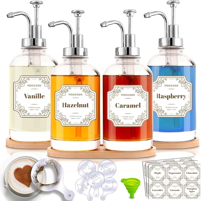 Glass Coffee Syrup Dispenser for Coffee Bar - Set of 4 Silver 16.9 oz / 500 ml Glass Syrup Bottles, Includes 2 Bamboo Trays, 16 Stencils, Labels, Coffee Bar Accessories