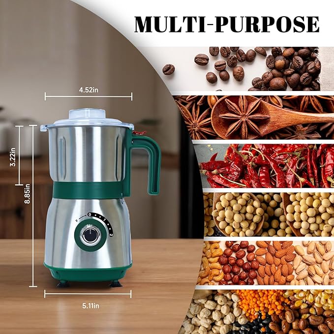 Versatile Kitchen Grinder | 500W Electric Mill | Grinds Spices, Nuts, Grains, Coffee | 3 Stainless Steel Blades | Dry Use (Green)