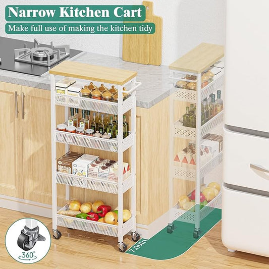 Giwil Slim Storage Cart 5 Tier Narrow Kitchen Rolling Cart on Wheels for Small Space, Metal Utility Cart Narrow Bathroom Storage Cabinet Mobile Shelf Unit Organizer with Wood Top and Handle, White