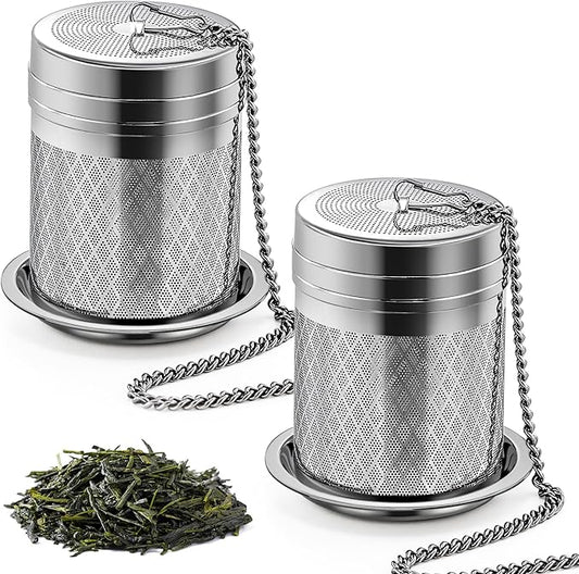 Tea Infusers for Loose Tea, 2 Pack Extra Fine Mesh Tea Strainers, 18/8 Stainless Steel Loose Leaf Tea Steeper Tea Diffusers with Extended Chain Hook and Drip Tray