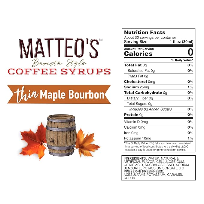 Matteo's Maple Bourbon Syrup for Coffee, Lattes, Cappuccinos & Desserts – Sugar-Free Sweetener for Beverages, Keto Friendly, Zero Calories, Indulgent Flavor, Non-Alcoholic, 33.8oz (6pk)