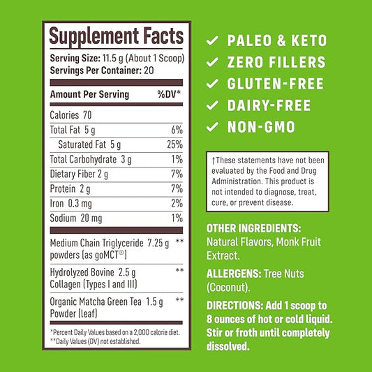 NativePath Matcha Latte Collagen Peptides with MCT Oil - 10g Grass-Fed Collagen & Organic Matcha for Energy & Focus - Keto, No Gluten or Dairy (8.1 oz)