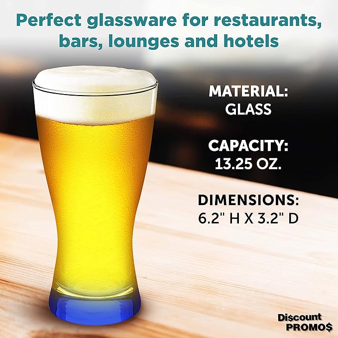 DISCOUNT PROMOS Pilsner Glasses 13.25 oz. Set of 12, Bulk Pack - Made in the USA, Perfect for Hotels, Restaurants, Bars and Even Party Favors - Blue