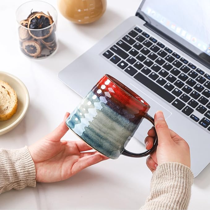 Large Ceramic Coffee Mug, Handmade Pottery Mugs, Tea Cups with Big Handle for Office and Home, 15.5 oz, Dishwasher and Microwave Safe (Ink Red)