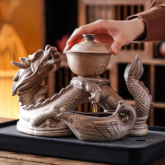 Ceramic Teapot with Infuser Semi Automatic Tea Set Magic Teapot with 8 cups Gradient Color (Retro Dragon- A)