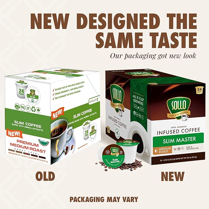 SOLLO Organic Slim Coffee Pods, Medium Roast, Low Acid, Diet-Support, Slim, Single Serve Pods, Compatible With 2.0 K-Cup Keurig Brewers, 24 K Cup