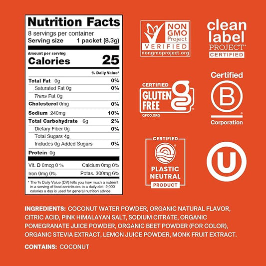 Cure Hydration | Plant-Based Electrolyte Drink Mix | No Added Sugar | FSA-HSA | Dehydration Relief Powder Made with Coconut Water | Non-GMO | Vegan | Box of 8 Packets - Blood Orange