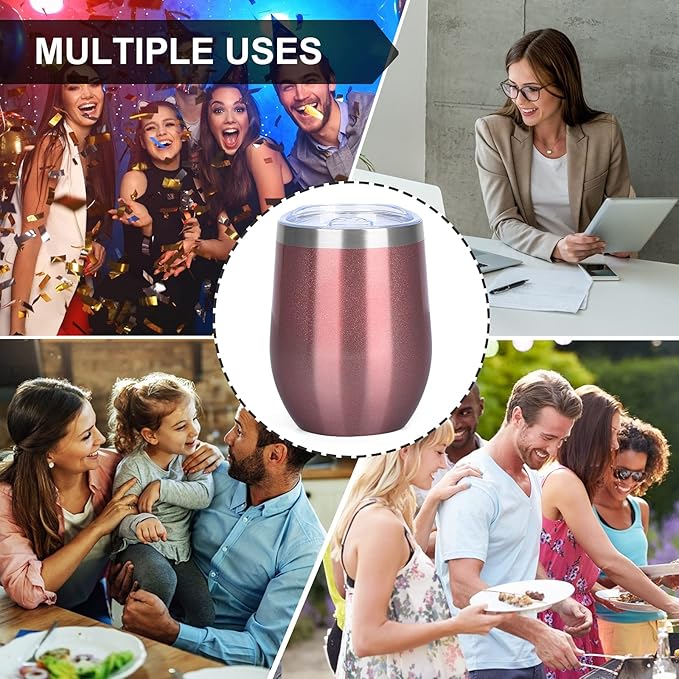 MEZMUT 12 Oz Insulated Wine Tumbler with Lid Double Wall Vacuum Stainless Steel Wine Glass Coffee Mug Insulated Tumbler Cup for Champaign, Cocktail, Beer (Rose Gold, 6 Pack)