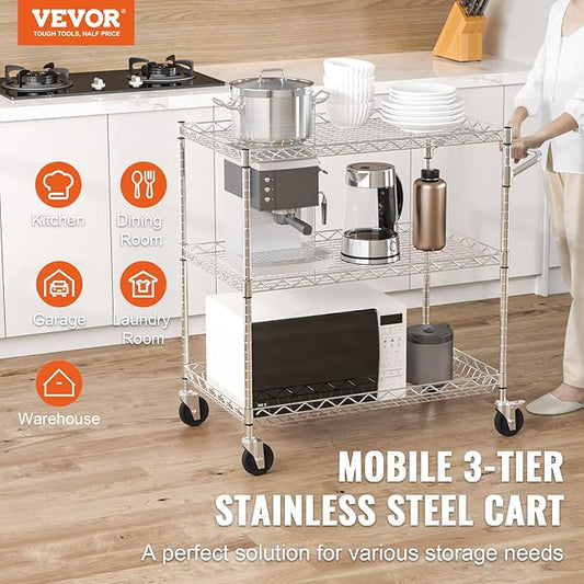 VEVOR Kitchen Utility Cart, 3 Tiers, Wire Rolling Table with 661 LBS Capacity, Steel Service Desk on Wheels, Metal Storage Trolley with 80 mm Deep Basket Curved Handle 6 Hooks