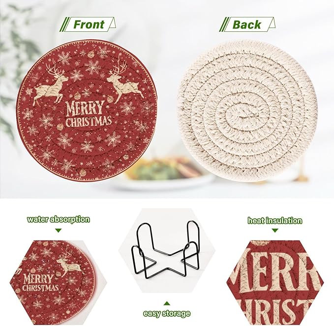 Christmas Coasters with Holder Elk Reindeer Gold Snowflakes Red Coasters Set of 6 Cotton Woven Absorbent Cup Coaster Christmas Xmas Holiday Party Table Decor 4 Inches