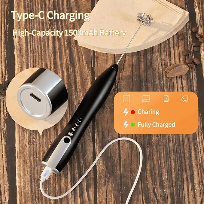 Rechargeable Milk Frother Handheld,Kitchen Essentials Hand Mixer with 3 Stainless Whisks Heads,Electric Whisk Frother for Latte, Cappuccino,Matcha, Egg, Milk Powder,with Stand (black)