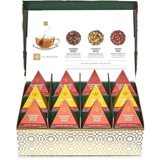 Teabloom Mother’s Bouquet Gourmet Tea Gift – Herbal Assortment with 12 Organic Plant-Based Pyramid Sachets, Caffeine-Free & Kosher, Elegant Presentation Box for Tea Lovers