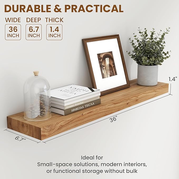 Fun Memories Wood Floating Shelves 36 Inch Long, Solid Elm Wood Wall Shelves Set of 2 for Kitchen, Living Room, Bedroom, Wall-Mounted Rustic Wooden Bathroom Shelf Storage Shelf for Farmhouse, Natural