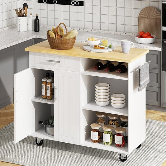 SUNLEI Kitchen Island on Wheels with Storage Cabinet & Drawer, 42" Multifunction Kitchen Cart Cabinet with Shelves, Cart Handle for Towel Rack or Free Mobility, Portable Islands for Kitchen(White)