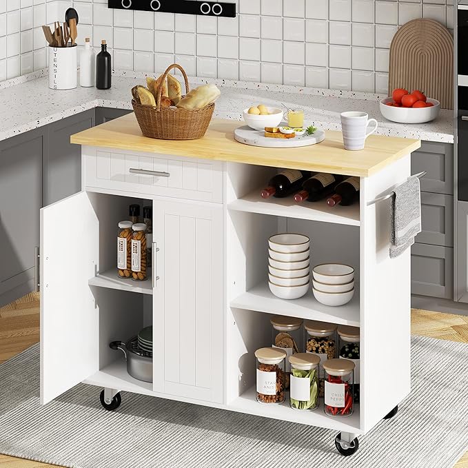 SUNLEI Kitchen Island with Storage Cabinet, 42" Kitchen Cart on Wheels with Shelves, Cart Handle for Towel Rack or Free Mobility, Portable Islands for Kitchen(Stylish White, 42-INCH)