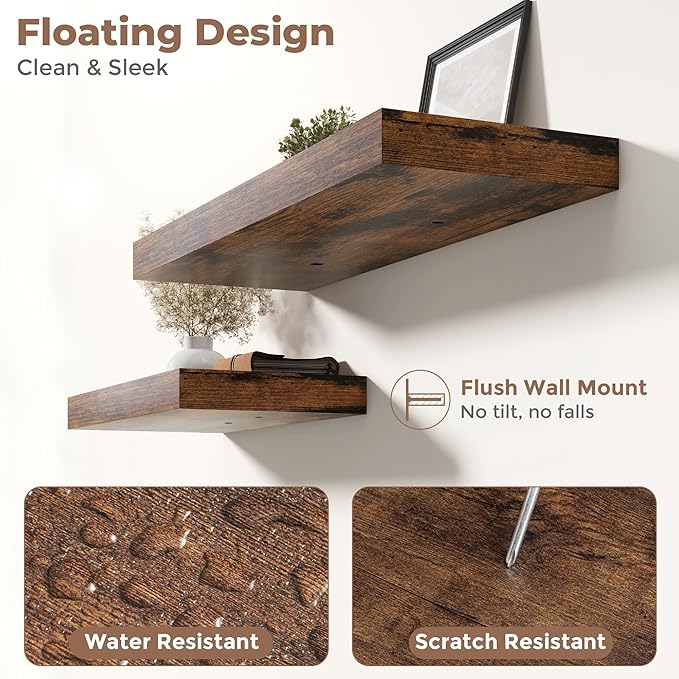12" Deep Floating Shelves for Wall with Invisible Brackets, Wall Mounted Engineered Wood Shelves with Wood Grain for Living Room, Bedroom, Kitchen Decor and Storage, 72"L Set of 1, Rustic Brown