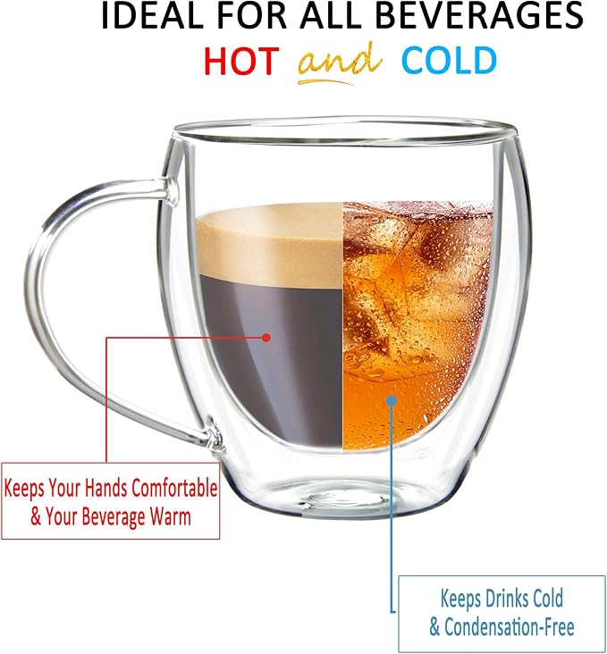 Youngever 2 Pack Glass Coffee Cups, Double Wall Thermo Insulated Coffee Cups, Glass Coffee Mugs (8.5 Ounce)