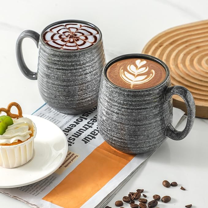 Hasense Large Coffee Cups Ceramic Set of 2, Porcealin 20 oz Coffee Mugs as Friend Gifts, Modern Coffee Mug with Big Handle for Latte Coffee Tea Soup as Friend Gifts, Dishwasher and Microwave Safe,Grey