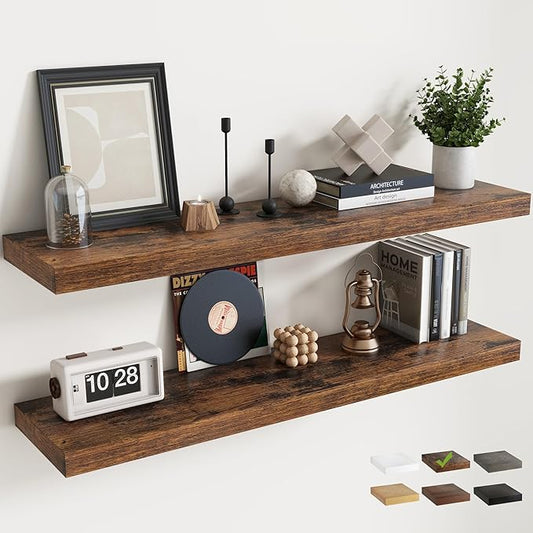 Floating Shelves for Wall with Invisible Brackets, Wall Mounted Engineered Wood Shelves with Wood Grain for Living Room, Bathroom, Kitchen Decor and Storage, Oak, 48"L Set of 2, Rustic Brown
