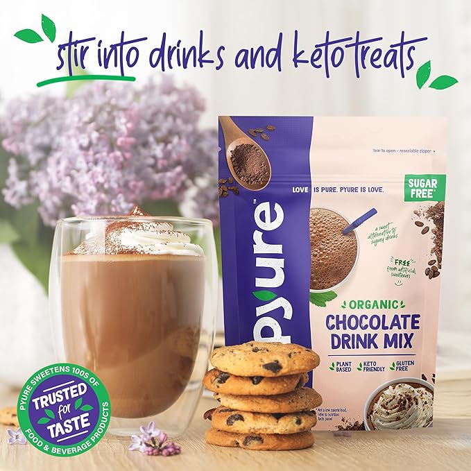 Pyure Organic Sugar Free Chocolate Drink Mix | Low Carb Chocolate Milk Powder with Cocoa | Keto, Vegan, Gluten-Free, Plant-Based | 1 Net Carb, Zero Sugar, Non-GMO, USDA Organic | 7.23 oz (Pack of 2)