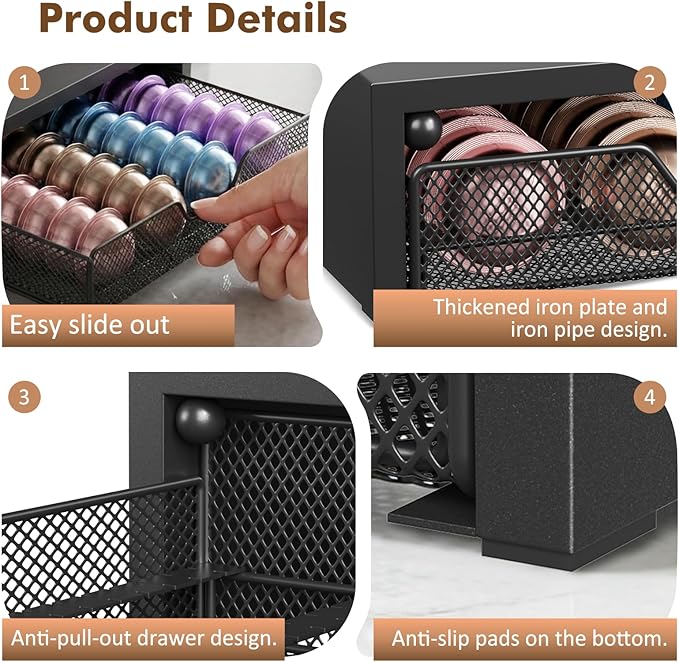 Nespresso Pods Holder, K Cup Holder, Coffee Pod Holder Organizer Compatible with Nespresso Vertuo Capsules, Holds 60 Small or 40 Large Pods, Black