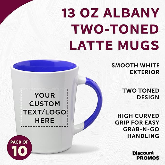 Custom Ceramic Latte Coffee Mugs by Albany 13 oz. Set of 10, Personalized Bulk Pack - Perfect for Coffee, Tea, Espresso, Hot Cocoa, Other Beverages - Cobalt Blue